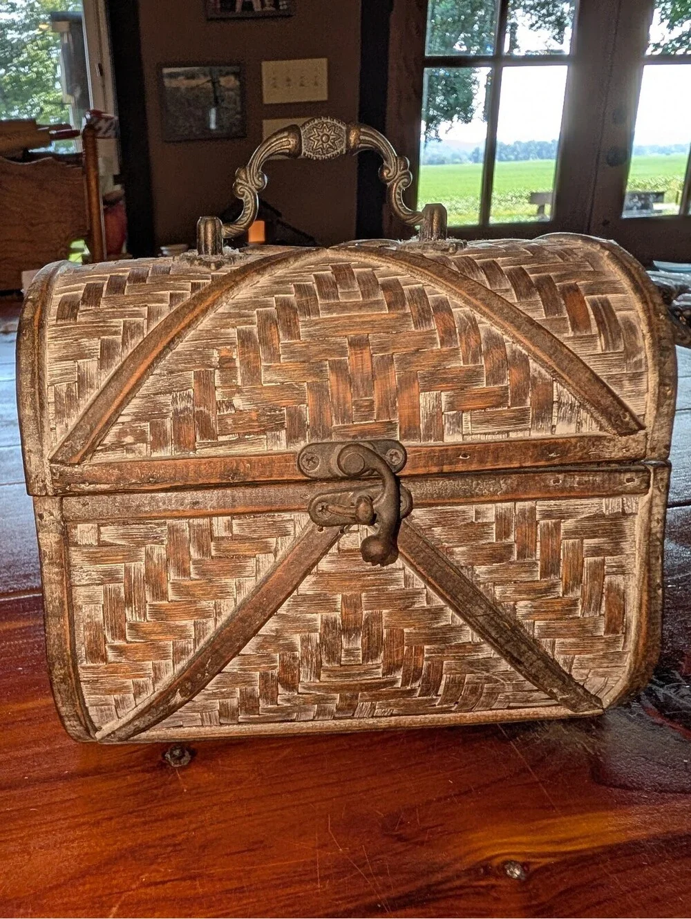 Vintage Woven Wood and Metal Decorative Box with Handle and Latch